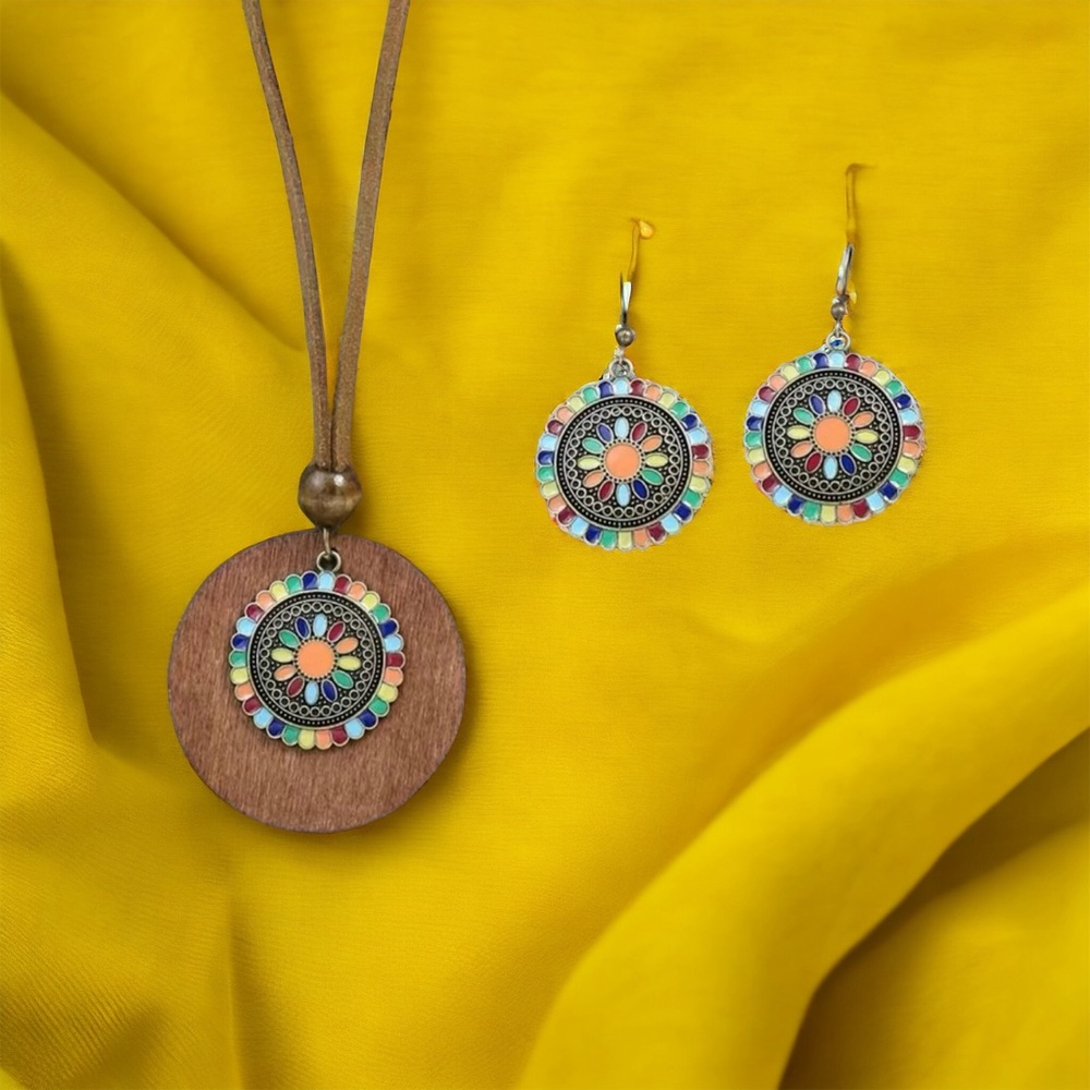 Boho Necklaceโ & Earrings Set Colorful Flower Design Tribal Accessories